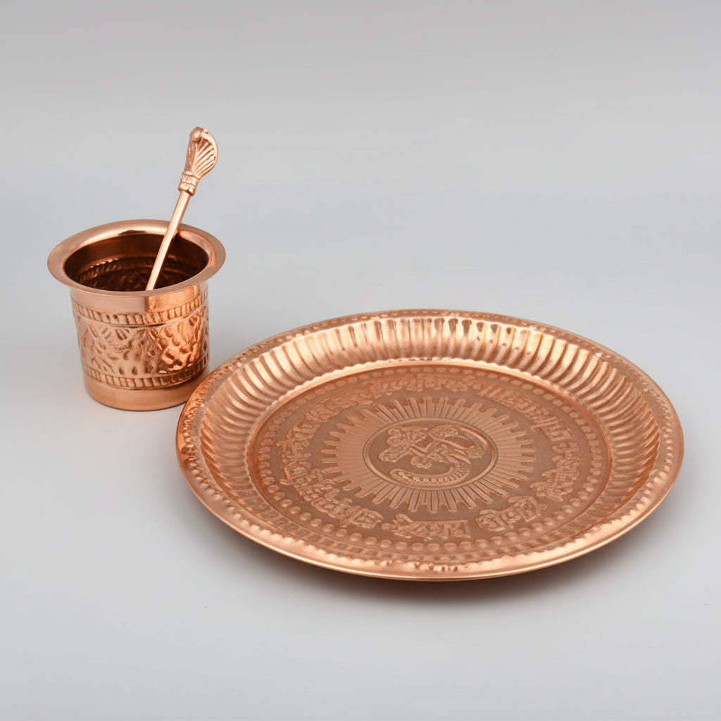 OM Gayatri Copper Puja Thali Set for Achaman & Tarpan