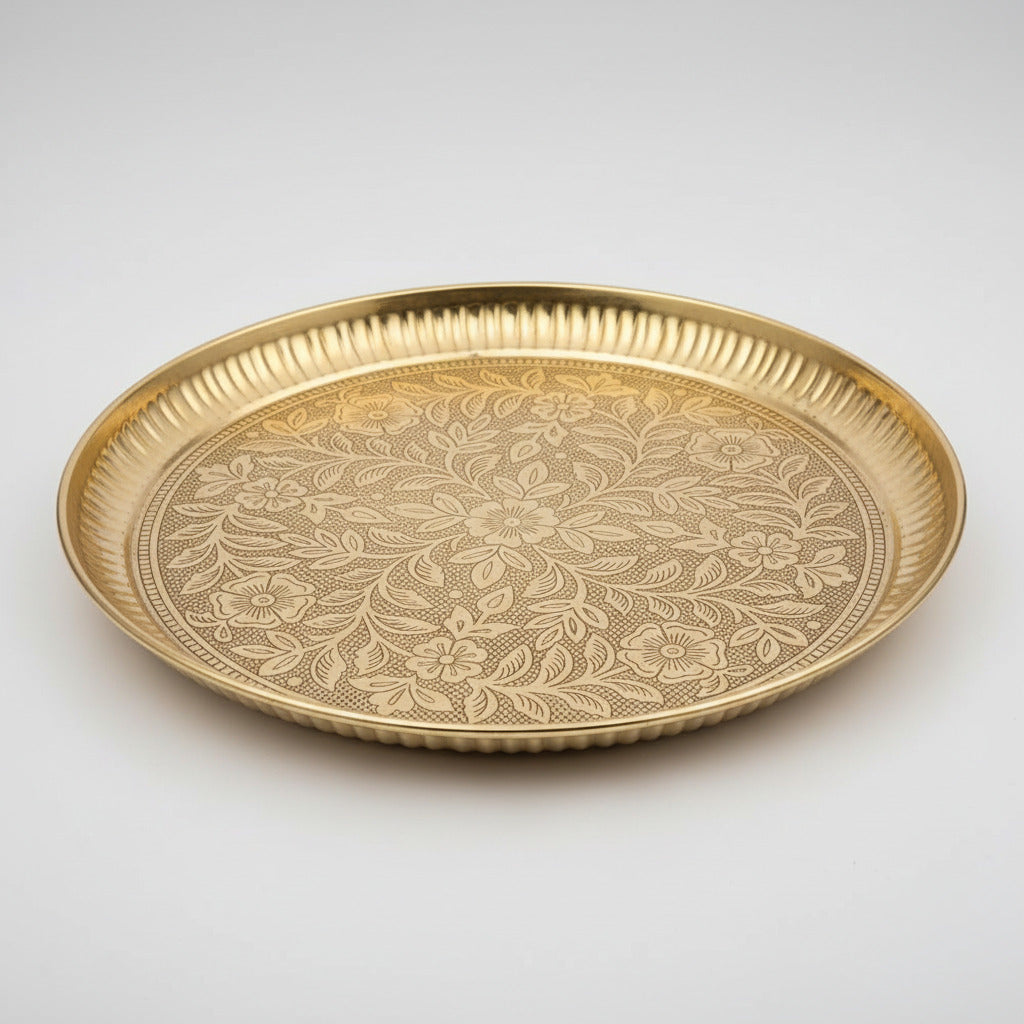 Floral Embossed Brass Puja Thali-11 inches