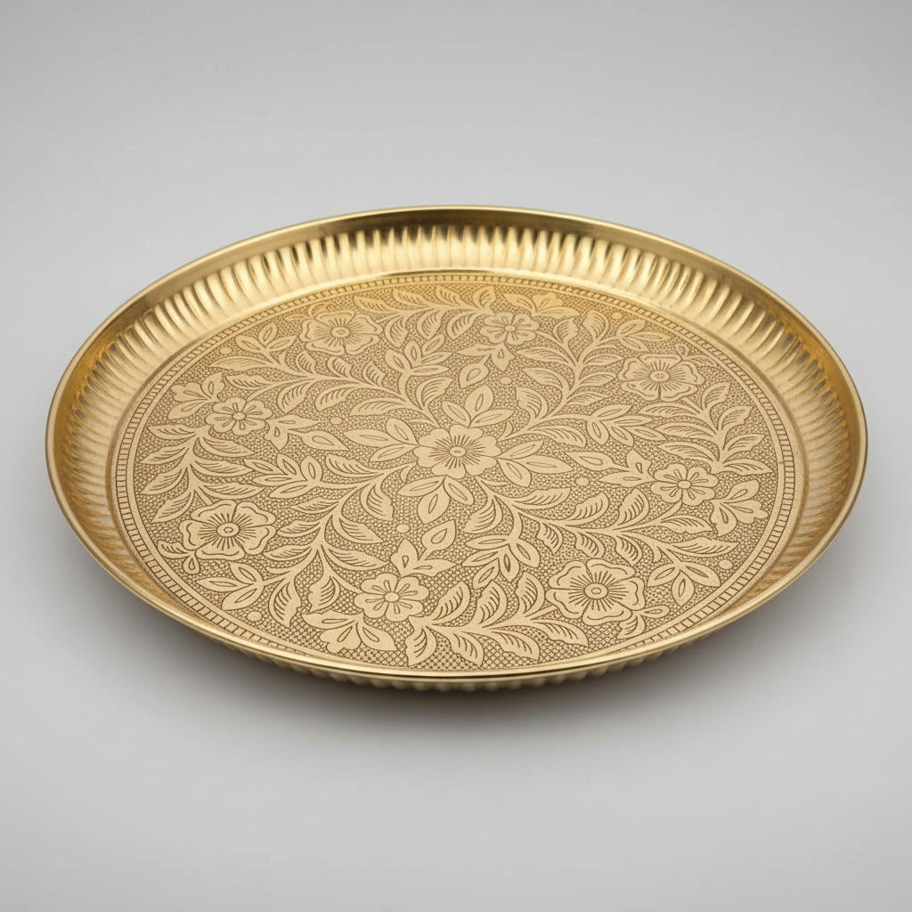 Floral Embossed Brass Puja Thali-12 inches