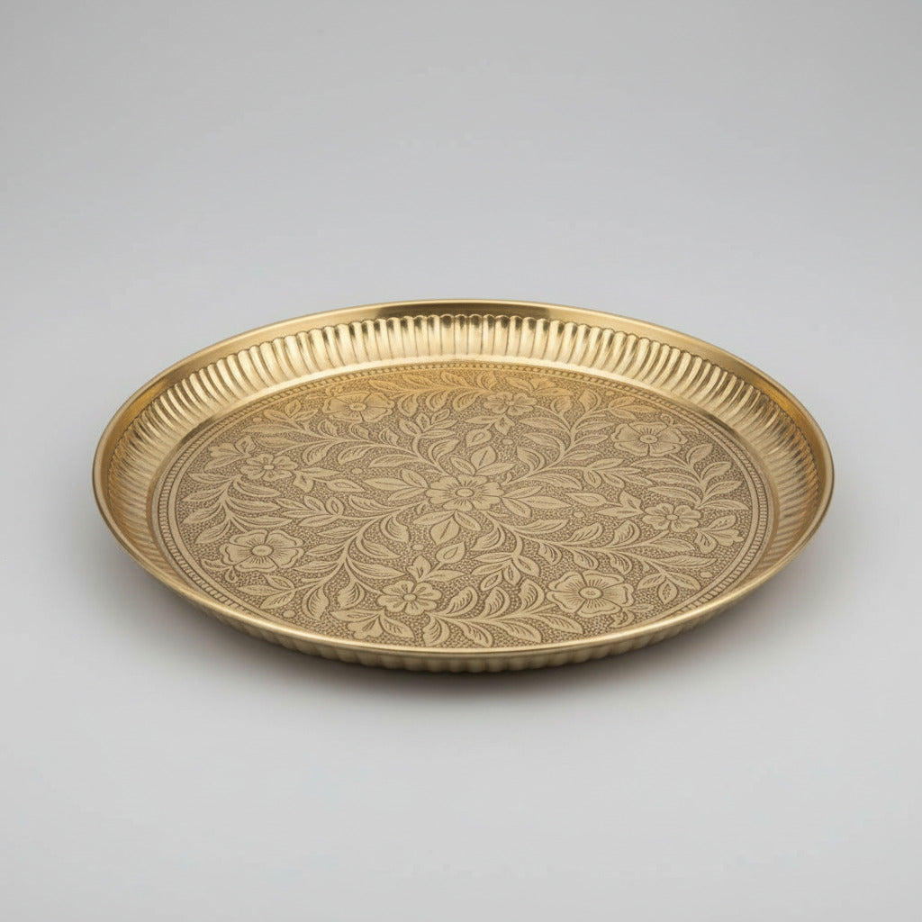 Floral Embossed Brass Puja Thali-11 inches