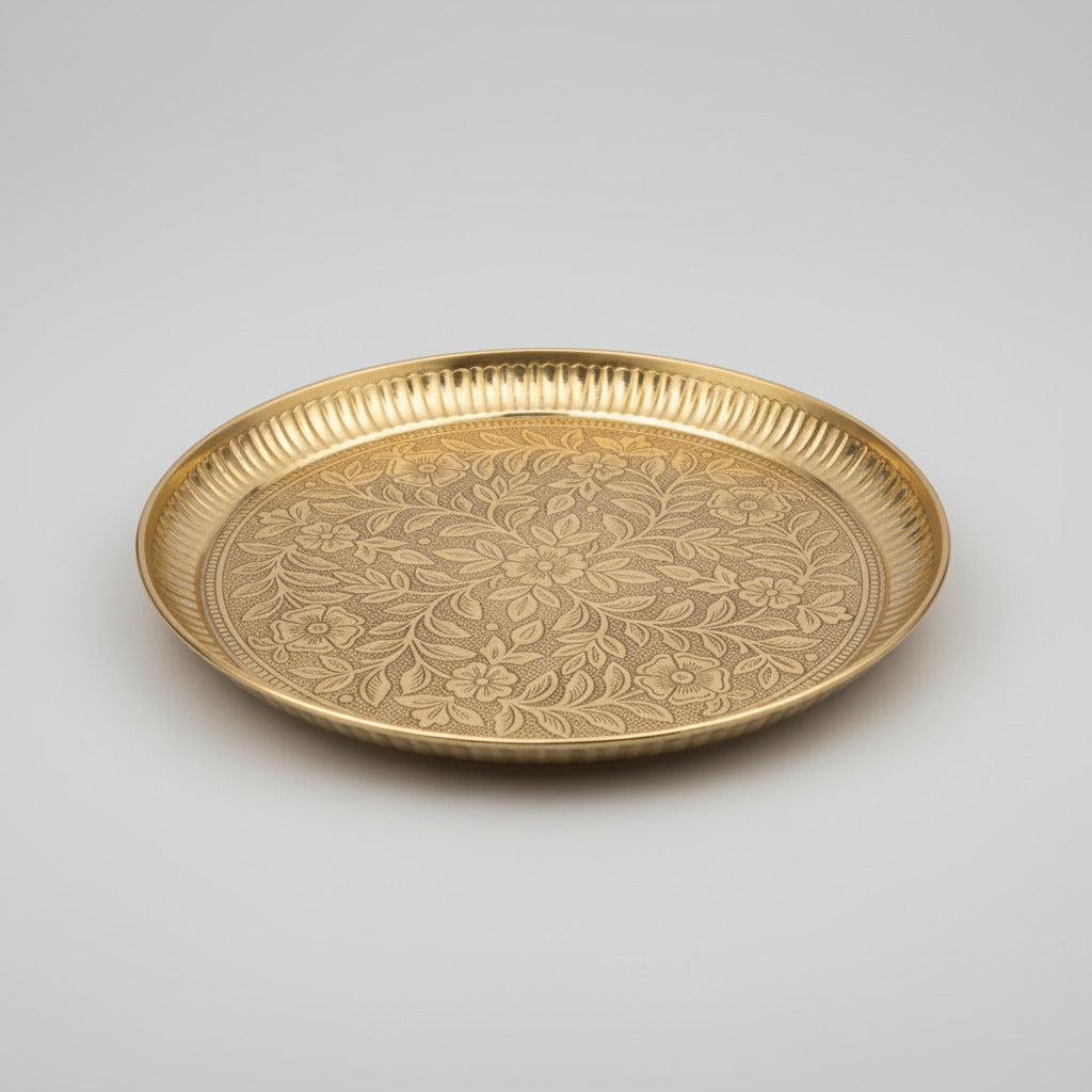 Floral Embossed Brass Puja Thali-12 inches