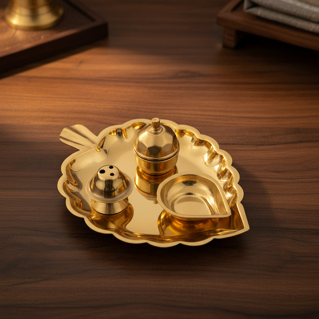 Leaf Shape Brass Puja Thali with Aarti Diya Kankavati & Agarbatti Stand