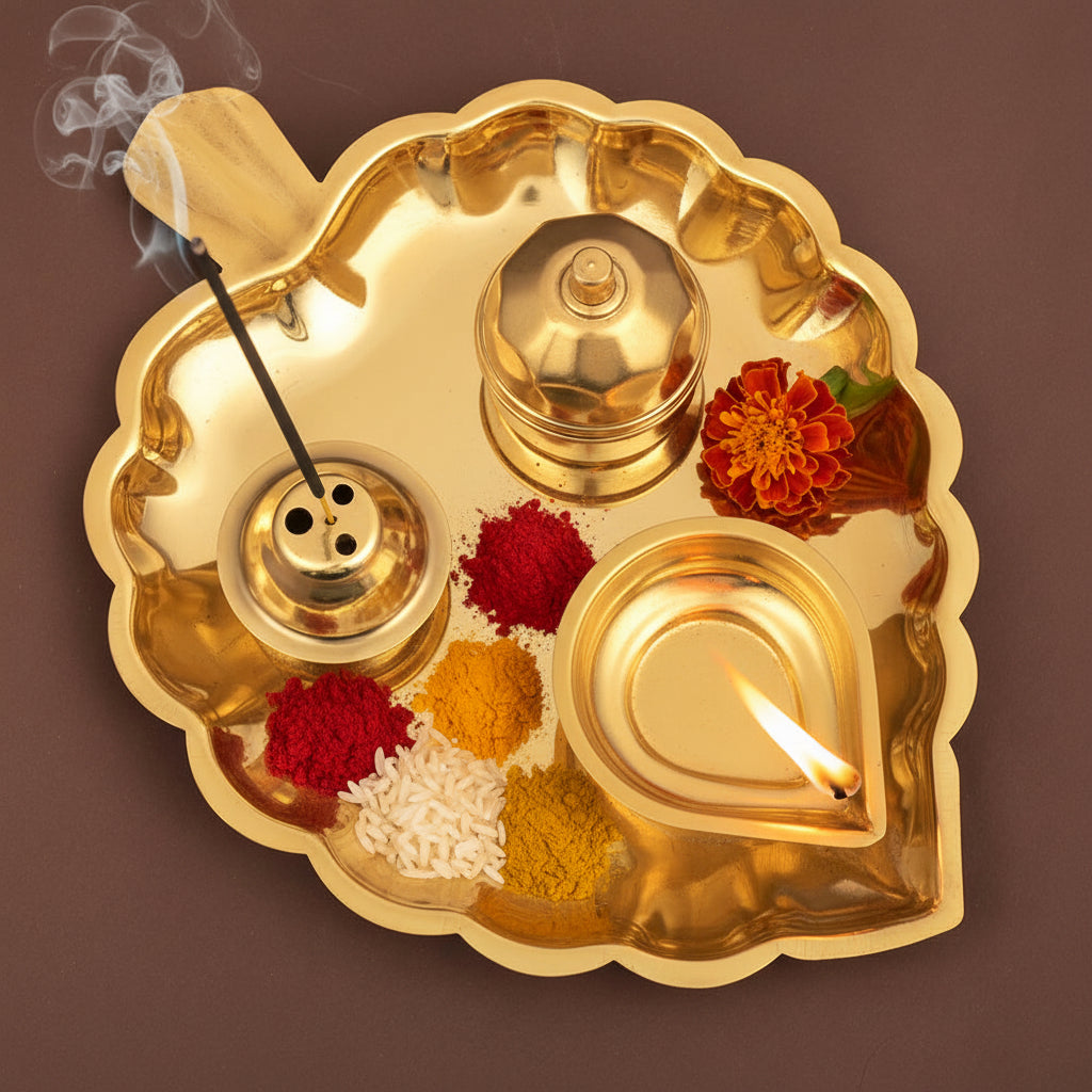 Leaf Shape Brass Puja Thali with Aarti Diya Kankavati & Agarbatti Stand