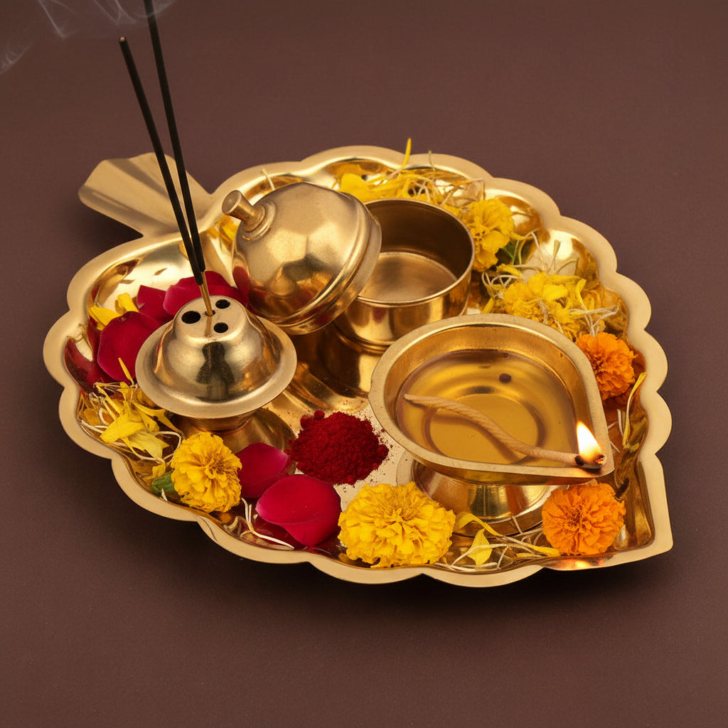 Leaf Shape Brass Puja Thali with Aarti Diya Kankavati & Agarbatti Stand