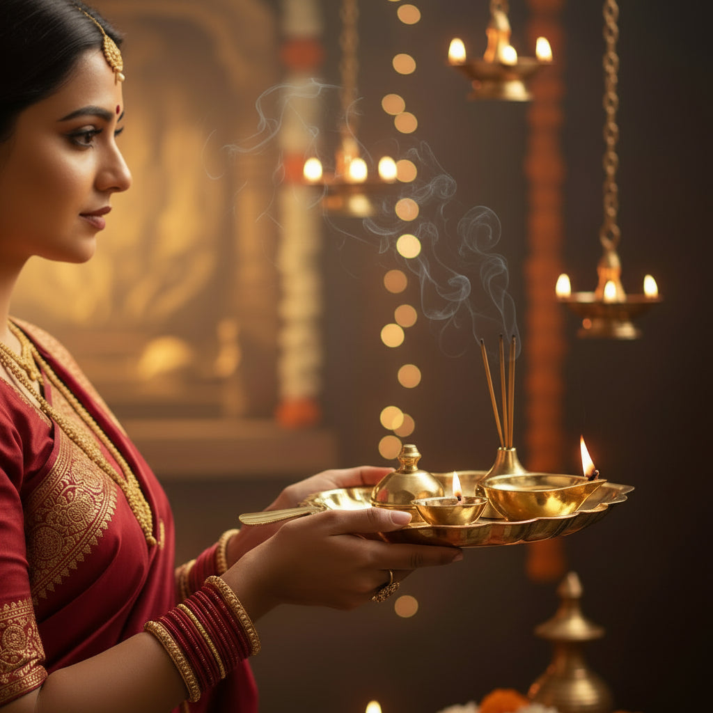 Leaf Shape Brass Puja Thali with Aarti Diya Kankavati & Agarbatti Stand