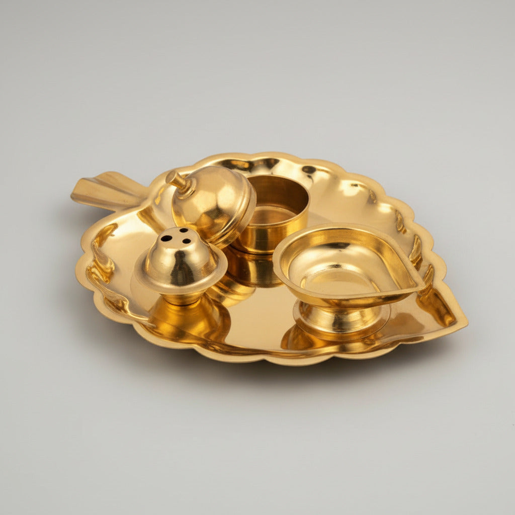 Leaf Shape Brass Puja Thali with Aarti Diya Kankavati & Agarbatti Stand