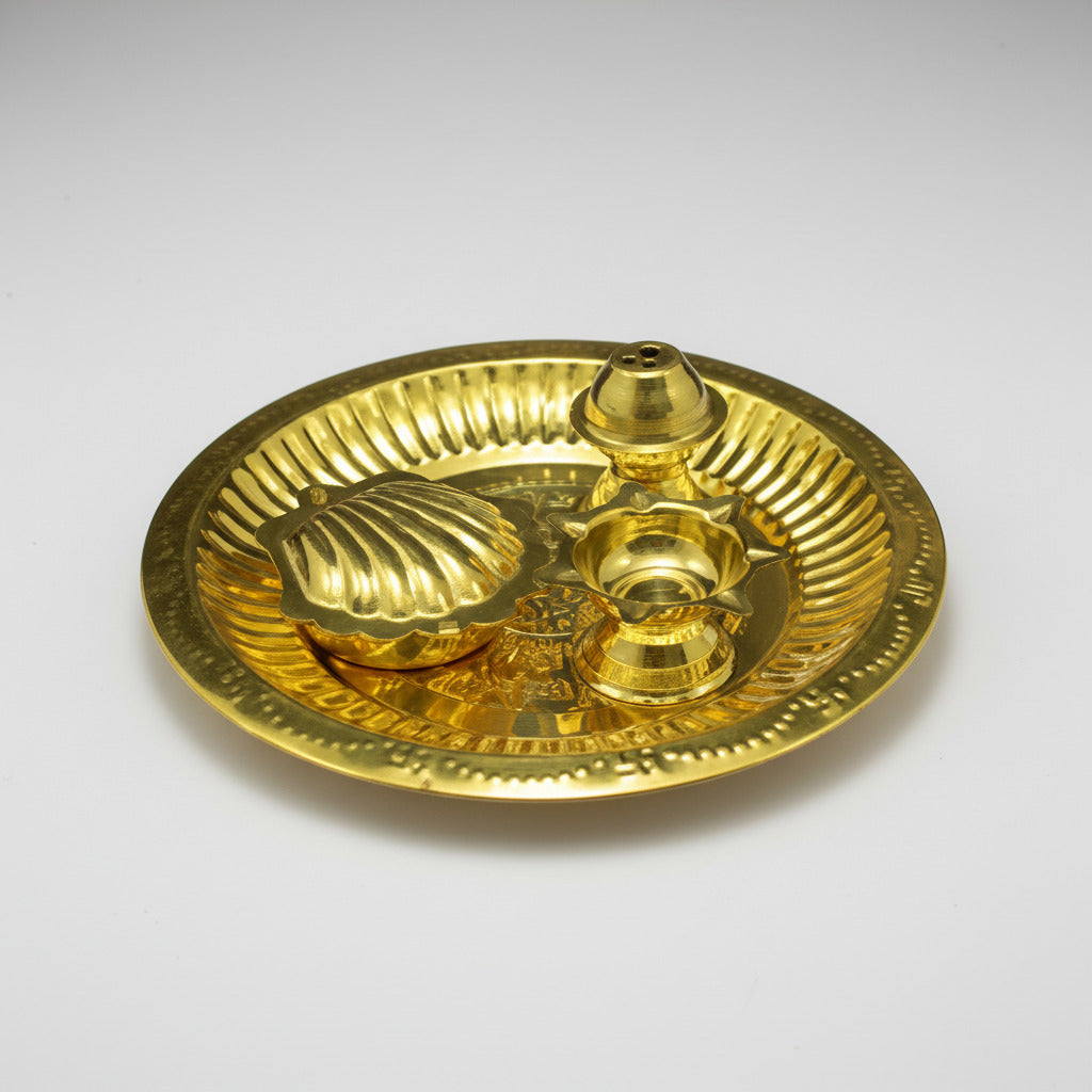 Brass Puja Thali with Incense Stand Haldi Kumkum Dibbi & Panch Batti Diya