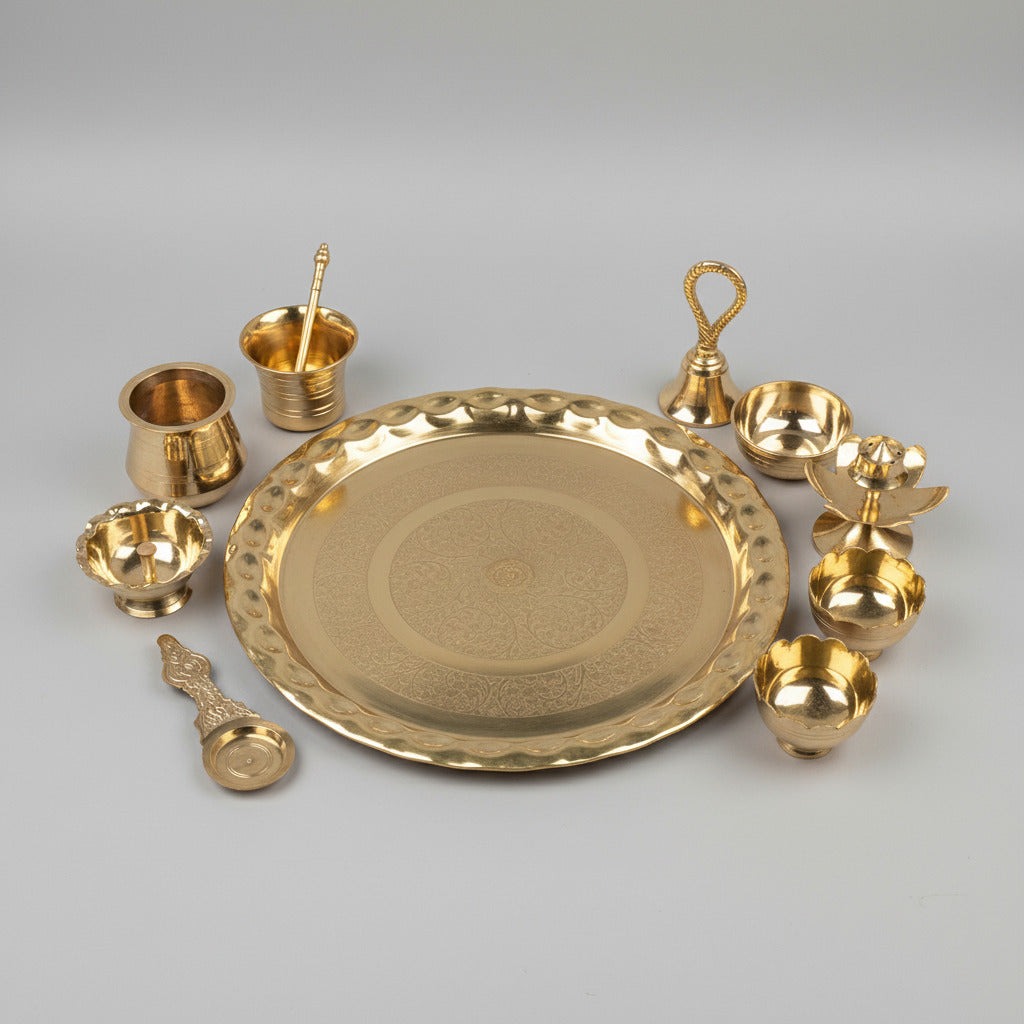 Brass Puja Thali with Aarti Diya Ghanti Kapoor Dani Kankavati Agarbatti Stand & Achaman Set-Gold Finish