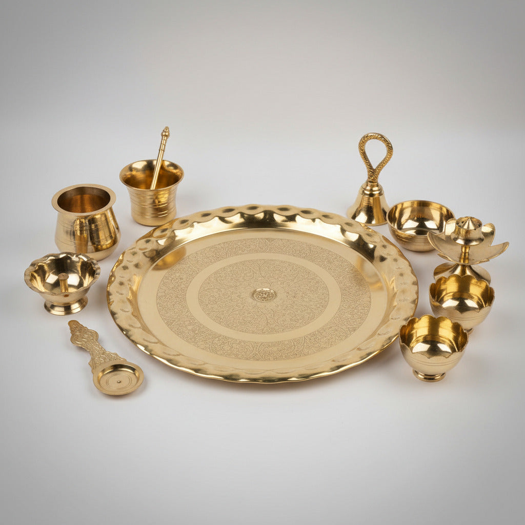 Brass Puja Thali with Aarti Diya Ghanti Kapoor Dani Kankavati Agarbatti Stand & Achaman Set-Antique Finish
