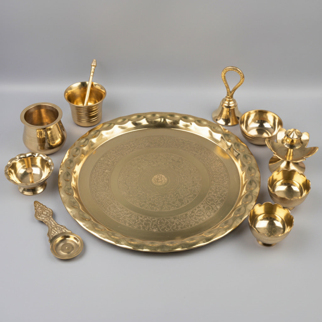 Brass Puja Thali with Aarti Diya Ghanti Kapoor Dani Kankavati Agarbatti Stand & Achaman Set-Gold Finish