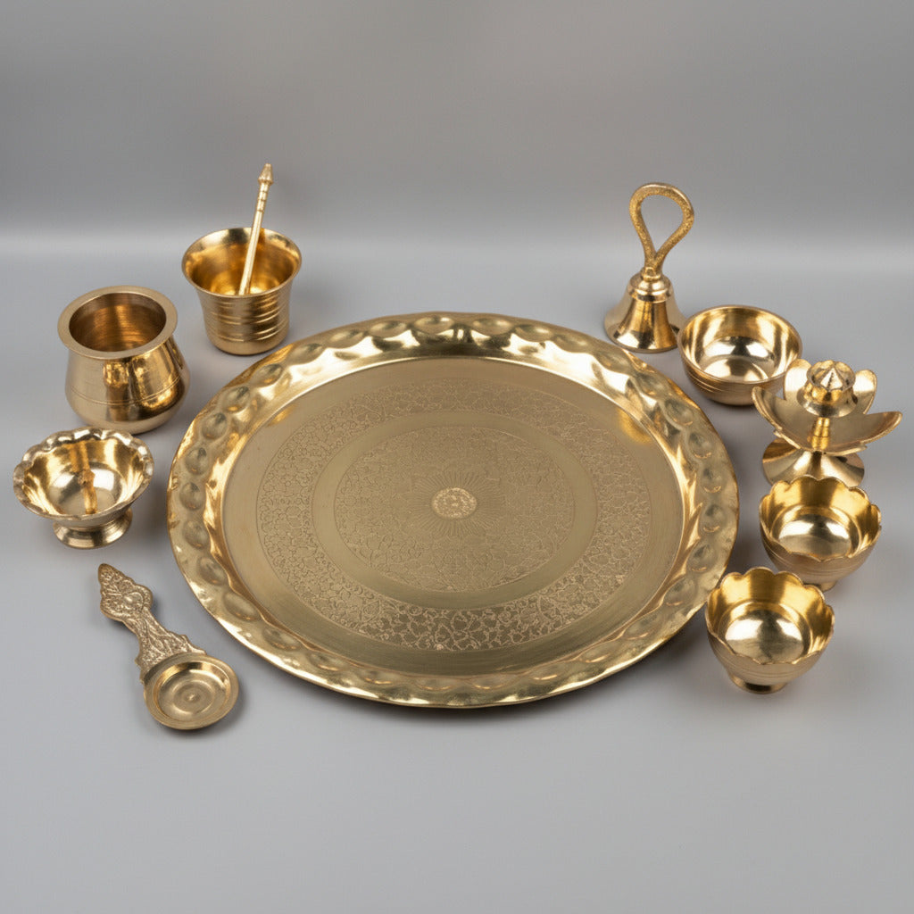 Brass Puja Thali with Aarti Diya Ghanti Kapoor Dani Kankavati Agarbatti Stand & Achaman Set-Antique Finish