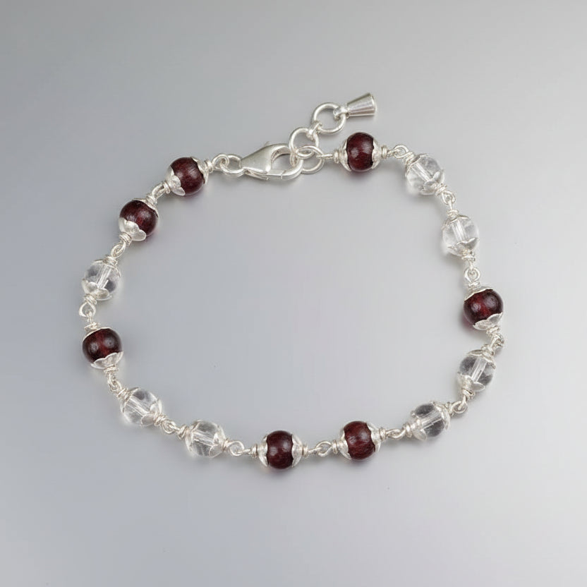 Round Sphatik & Red Sandalwood Bracelet with Silver Caps & Hook-14 mm