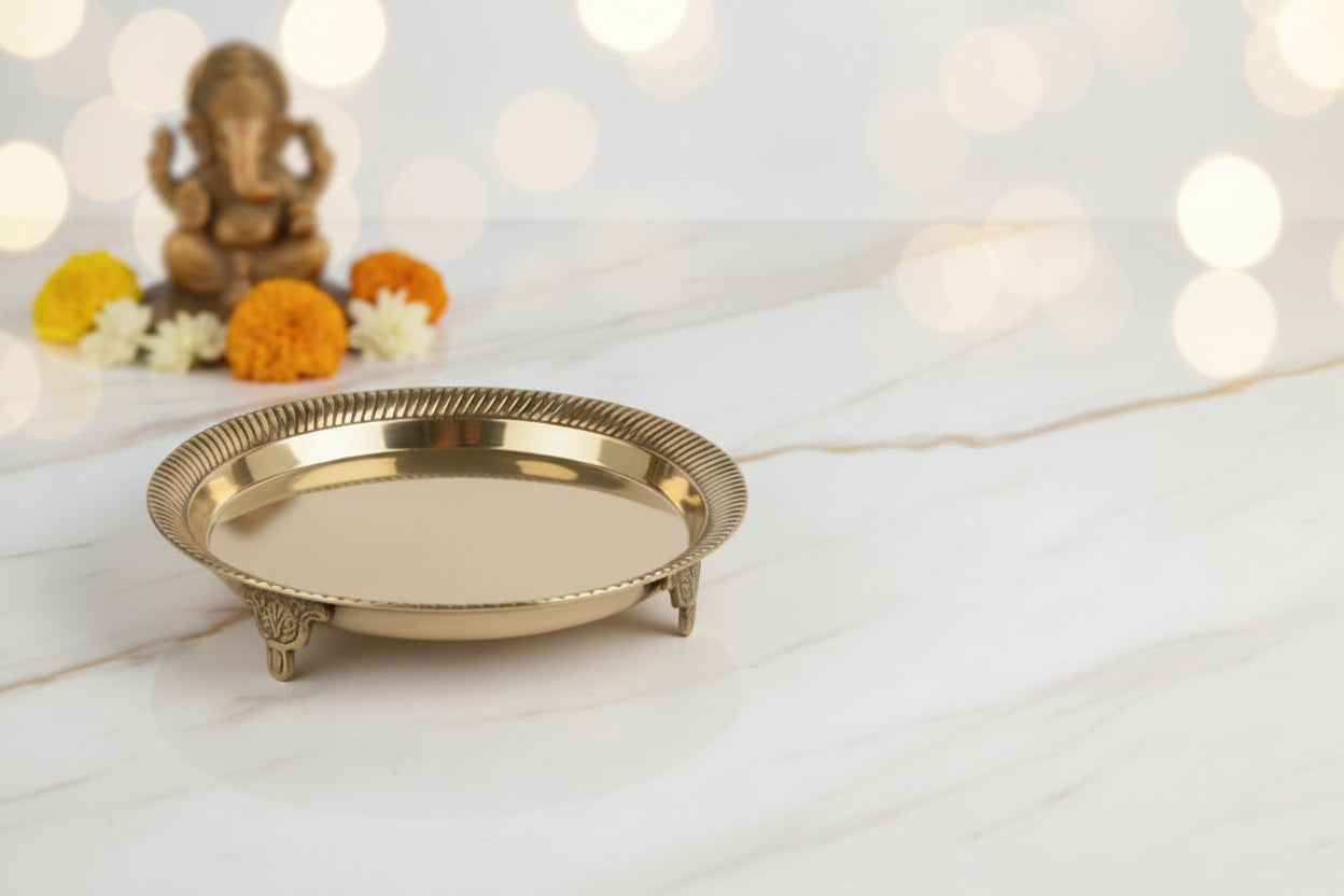 Round Pedestal Thali In Brass-Large