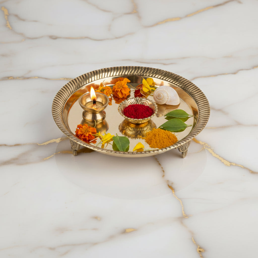 Round Pedestal Thali In Brass-Large