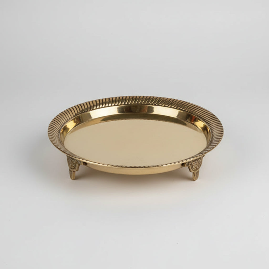 Round Pedestal Thali In Brass-Small