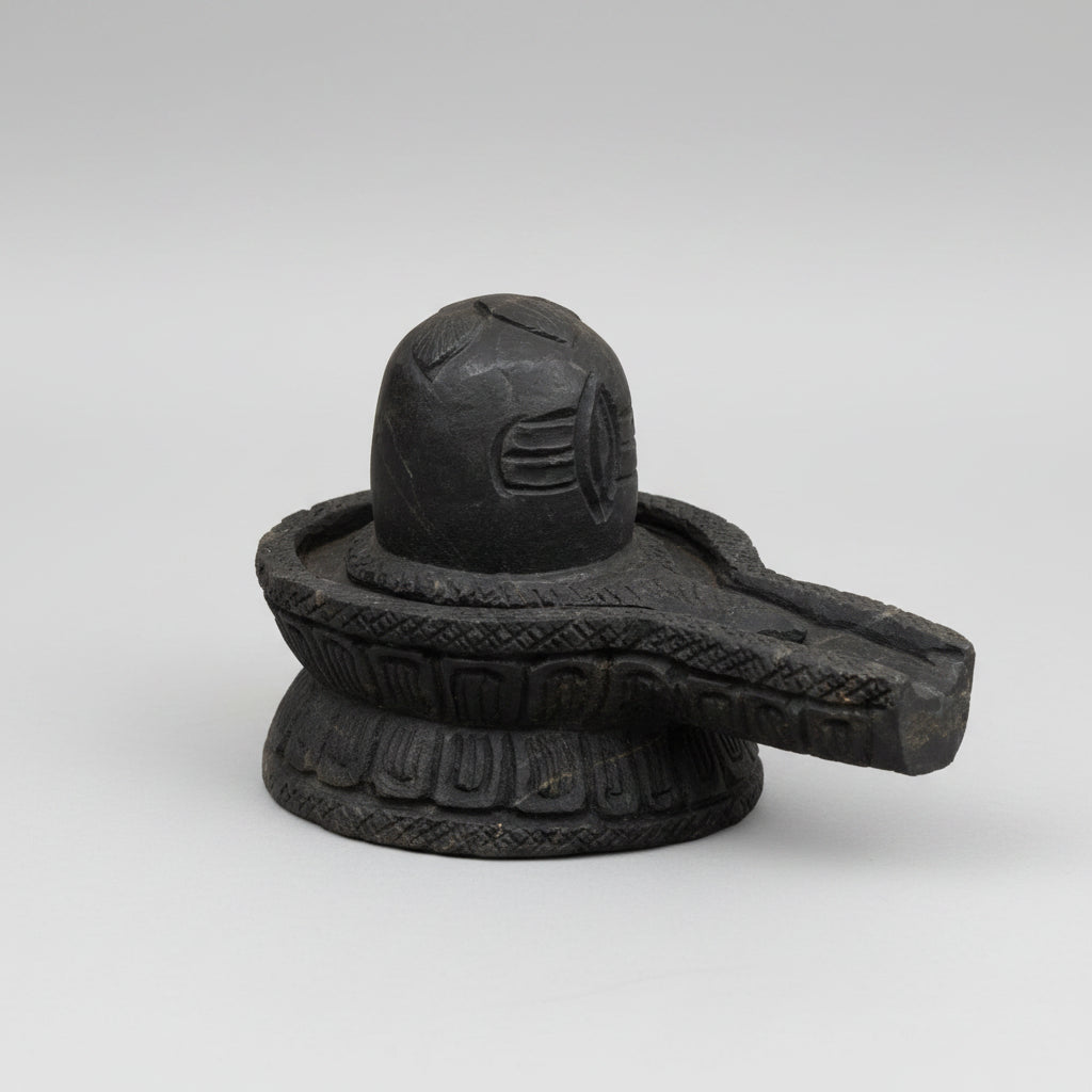 Shivaling Shaligram With Tripund, Snake & Bel Patra Engraving - 627 gms