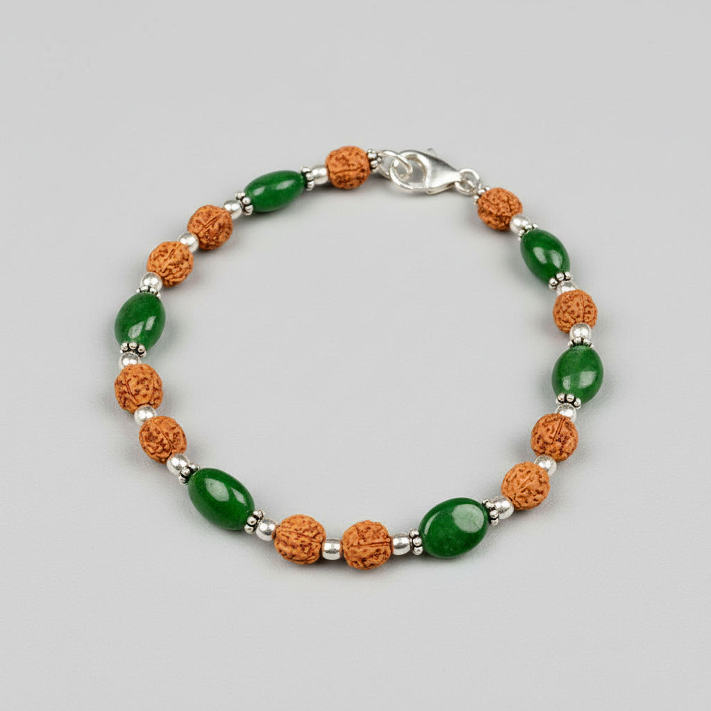 Emerald Oval x 5 Mukhi Rudraksha Silver Bracelet - 10.50 Carat