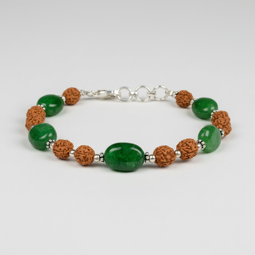 Emerald Oval x 5 Mukhi Rudraksha Silver Bracelet - 30 Carat