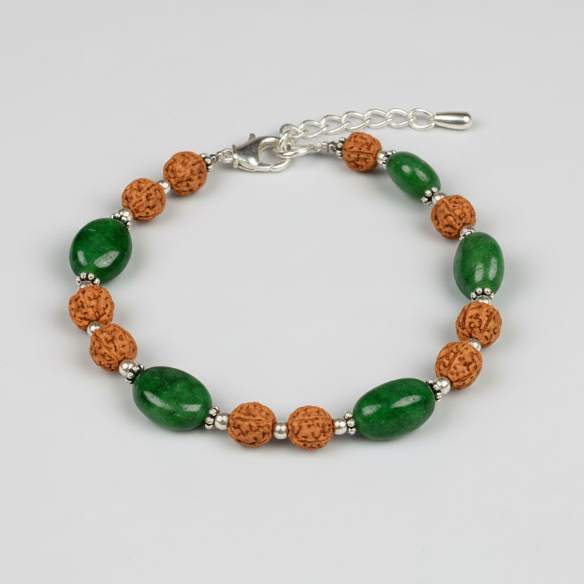 Emerald Oval x 5 Mukhi Rudraksha Silver Bracelet - 30 Carat