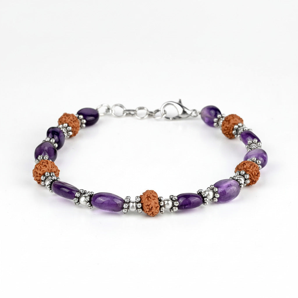 Amethyst Oval Beads & 9 Mukhi Rudraksha German Silver Bracelet