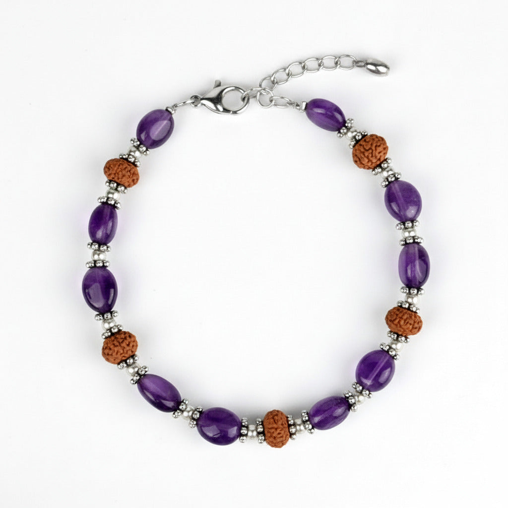 Amethyst Oval Beads & 9 Mukhi Rudraksha German Silver Bracelet
