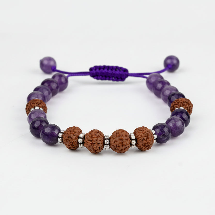 Amethyst Faceted Beads & 9 Mukhi Bracelet (Adjustable Thread)-10 mm