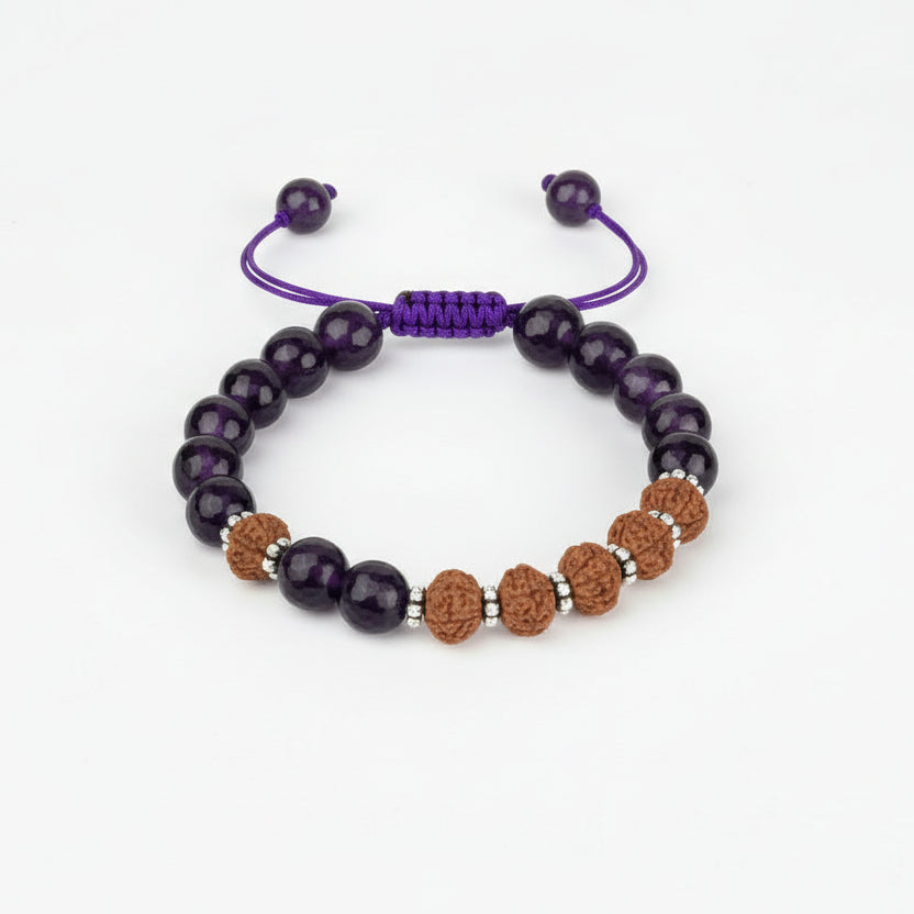 Amethyst Faceted Beads & 9 Mukhi Bracelet (Adjustable Thread)-8 mm