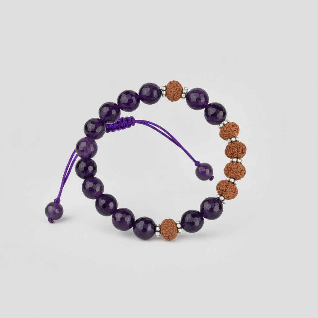 Amethyst Faceted Beads & 9 Mukhi Bracelet (Adjustable Thread)-10 mm