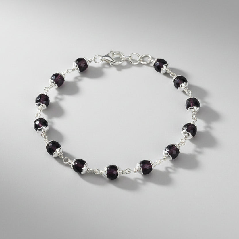 Amethyst Faceted Beads 925 Silver Flower Caps Bracelet-6 mm