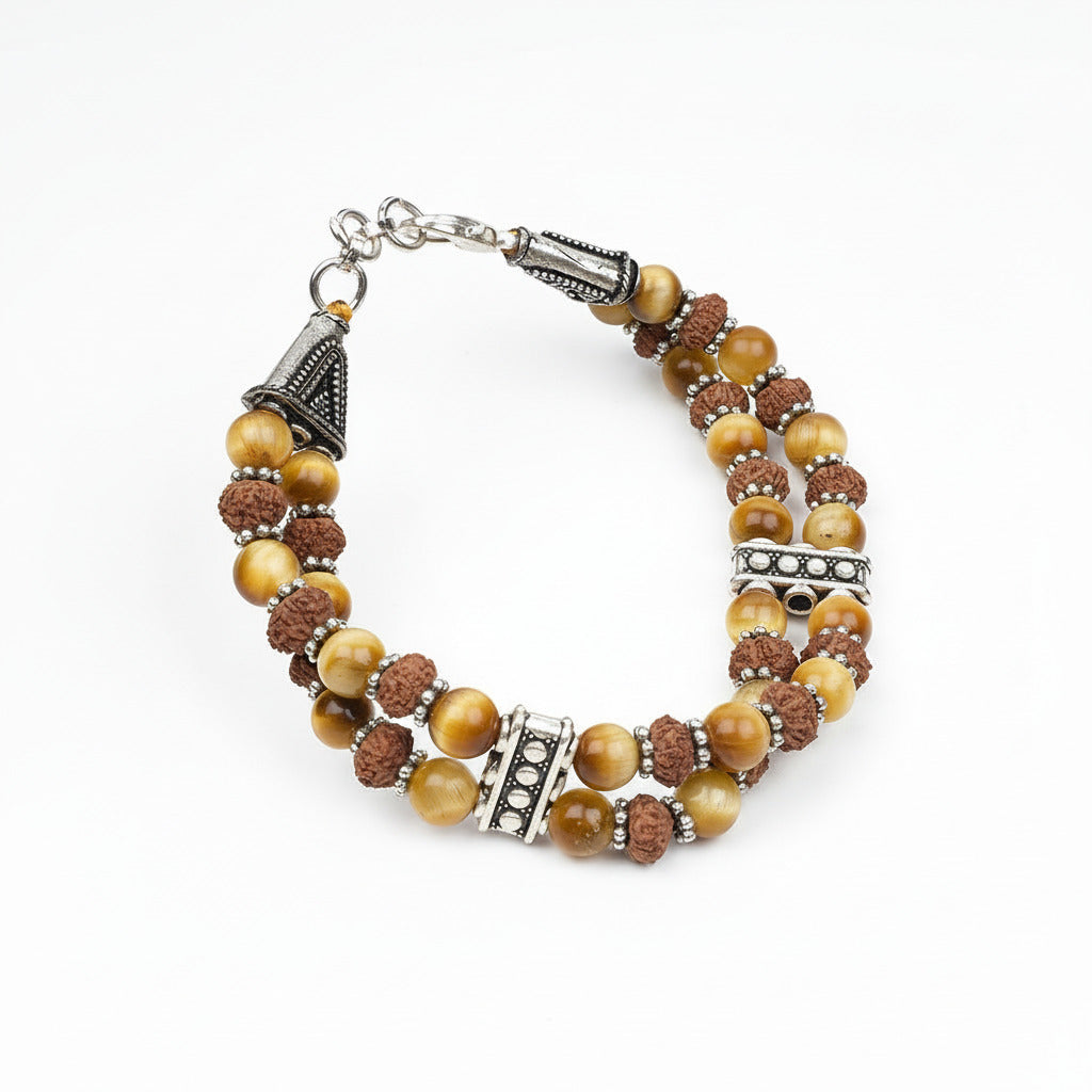 Brown Cats Eye & 8 Mukhi Rudraksha Double Layer Bracelet-6 mm