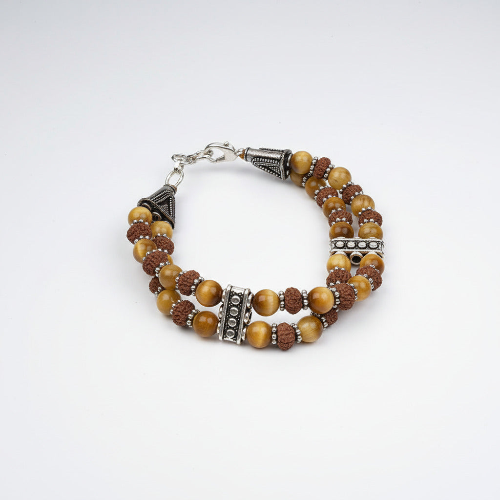 Brown Cats Eye & 8 Mukhi Rudraksha Double Layer Bracelet-8 mm