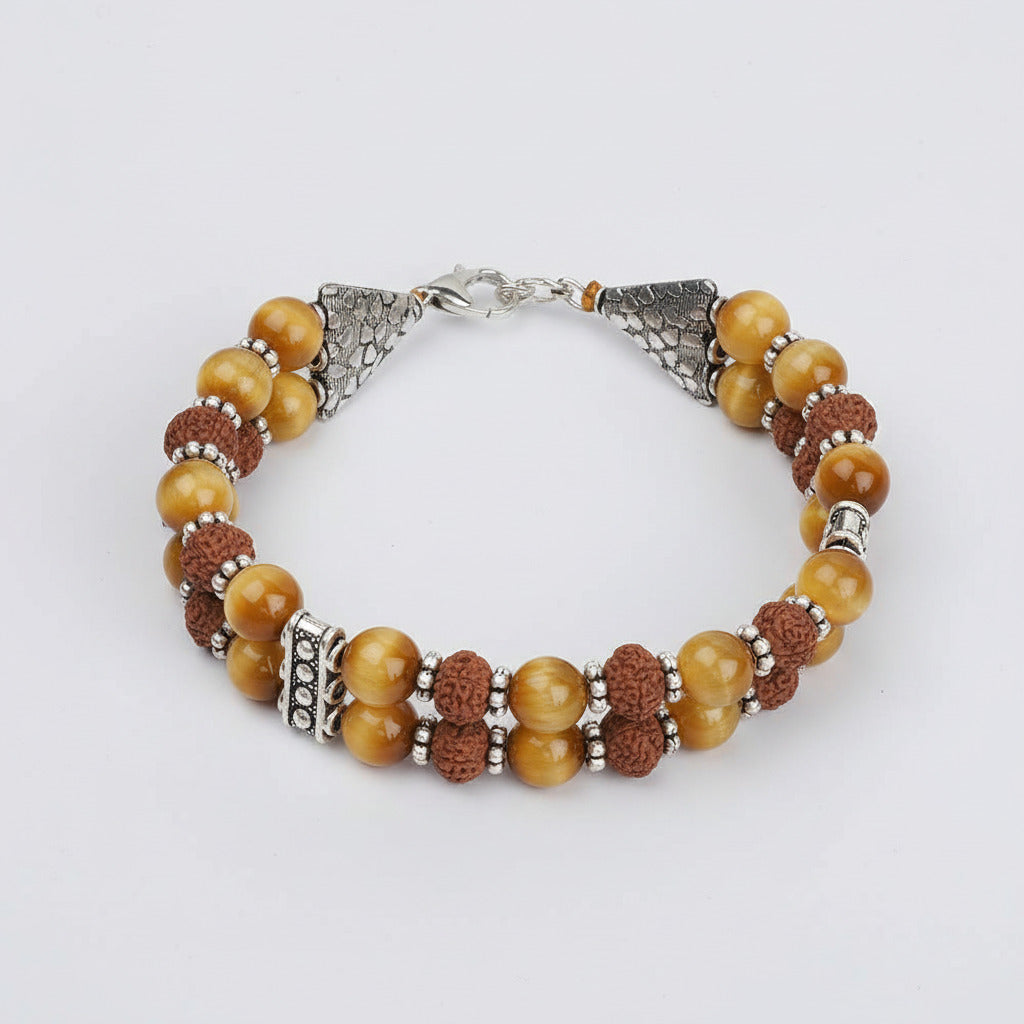 Brown Cats Eye & 8 Mukhi Rudraksha Double Layer Bracelet-8 mm