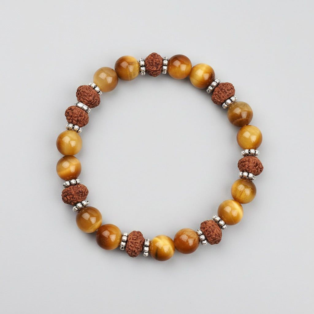 Brown Cats Eye & 8 Mukhi Rudraksha Silver Chakri Bracelet-10 mm