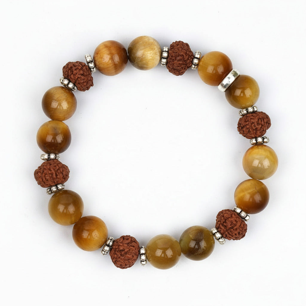 Brown Cats Eye & 8 Mukhi Rudraksha Silver Chakri Bracelet-10 mm