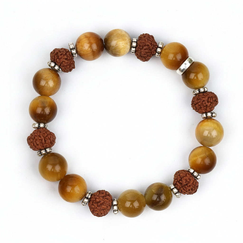 Brown Cats Eye & 8 Mukhi Rudraksha Silver Chakri Bracelet-8 mm