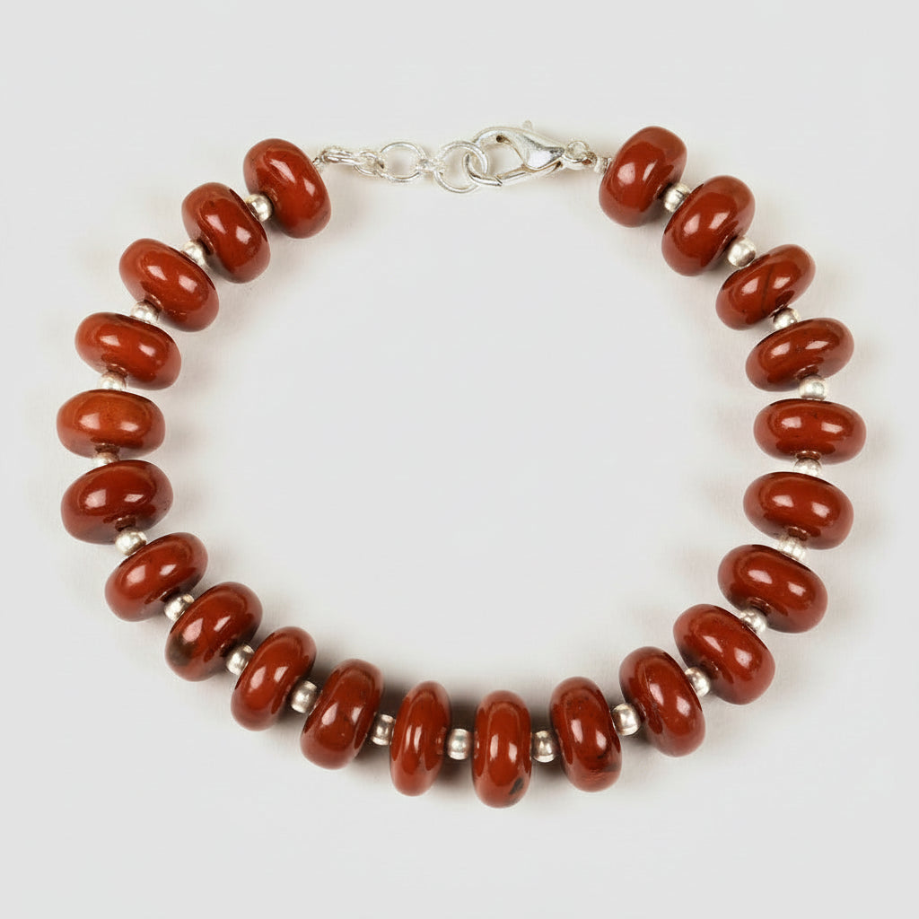 Red Jasper Elliptical Beads Silver Ball Bracelet