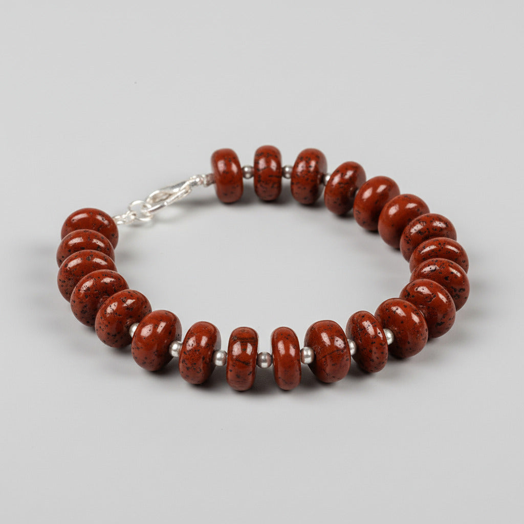 Red Jasper Elliptical Beads Silver Ball Bracelet