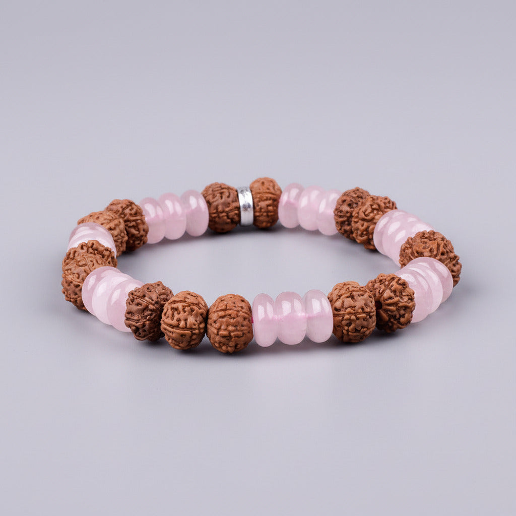 Rose Quartz Elliptical Beads & 7 Mukhi Rudraksha Bracelet-8 mm
