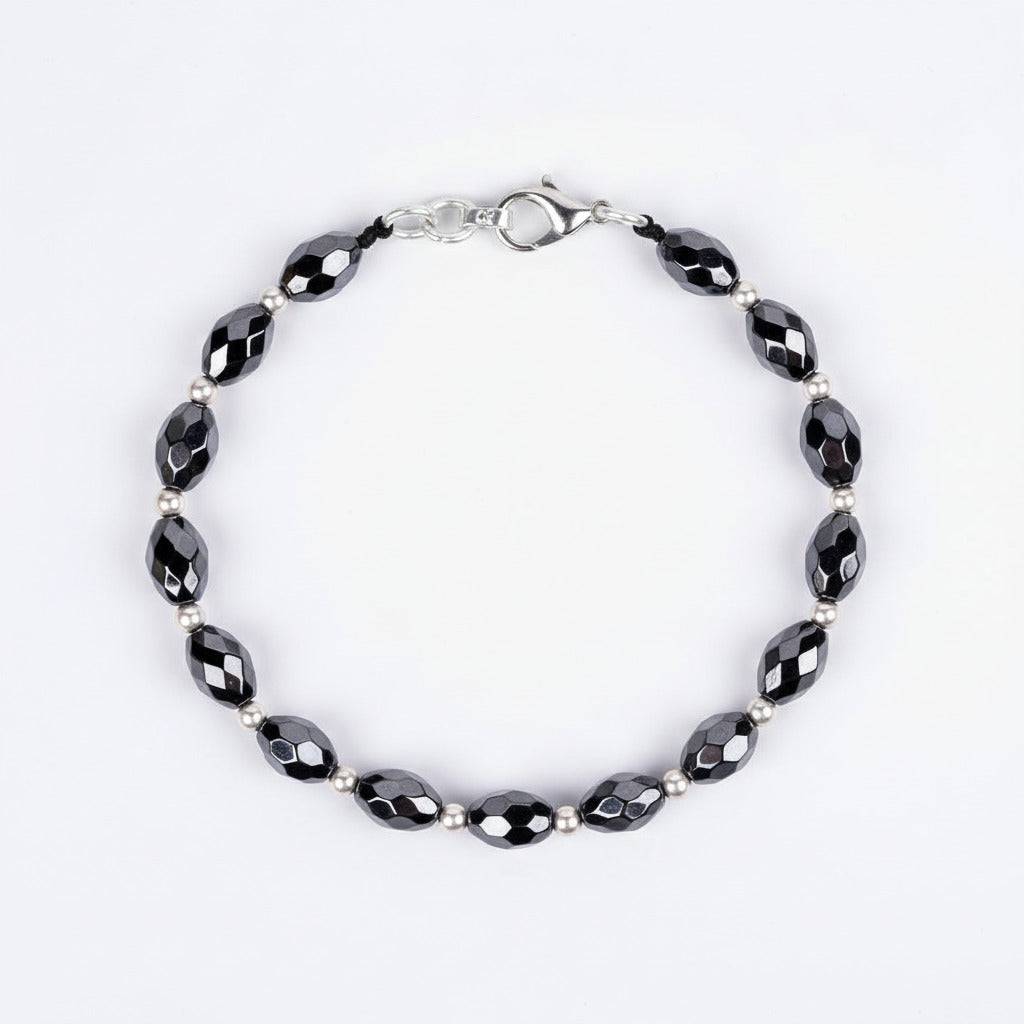 Hematite Faceted Oval Beads Silver Ball Bracelet
