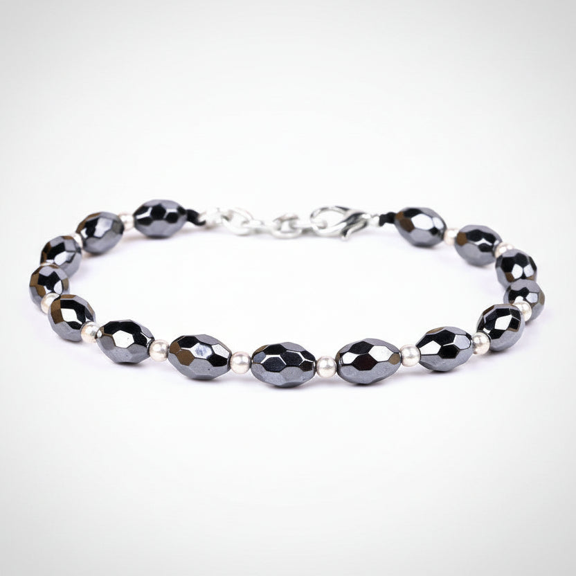 Hematite Faceted Oval Beads Silver Ball Bracelet
