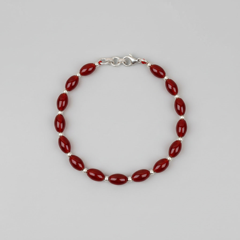 Red Carnelian Oval Beads German Silver Ball Bracelet