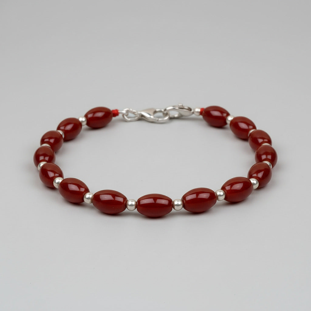 Red Carnelian Oval Beads German Silver Ball Bracelet