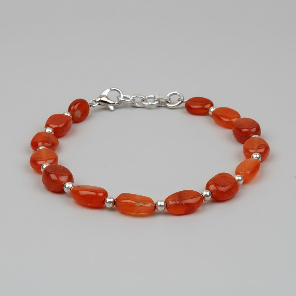Red Carnelian Flat Oval Beads German Silver Ball Bracelet