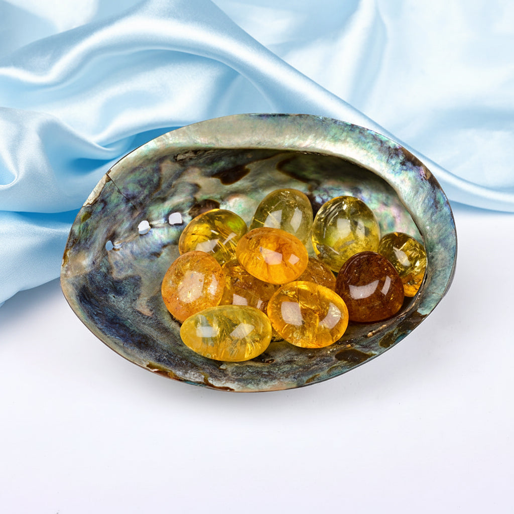 8 Directions Tumble Stone in Paua Shell-With Plate-Yellow Citrine (South East)