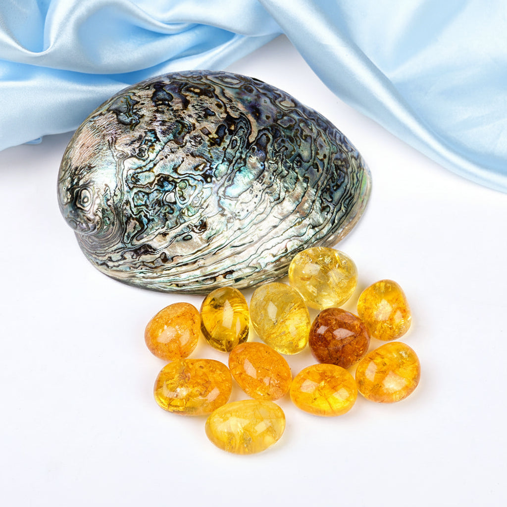 8 Directions Tumble Stone in Paua Shell-With Plate-Yellow Citrine (South East)