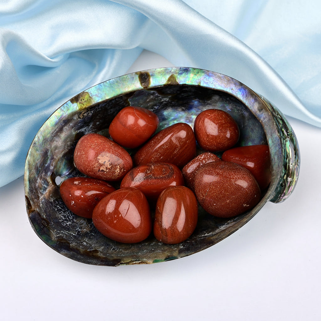8 Directions Tumble Stone in Paua Shell-With Plate-Red Jasper (South)