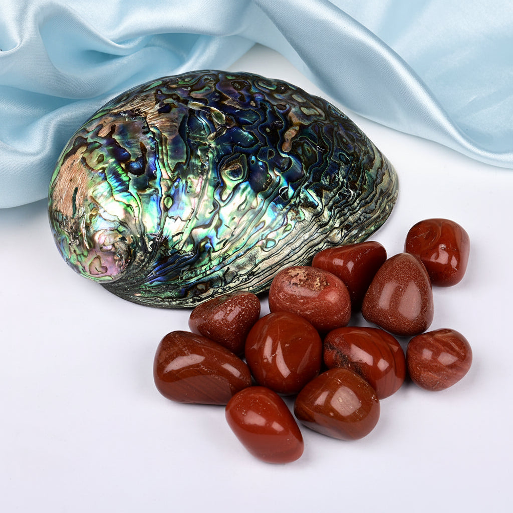 8 Directions Tumble Stone in Paua Shell-With Plate-Red Jasper (South)