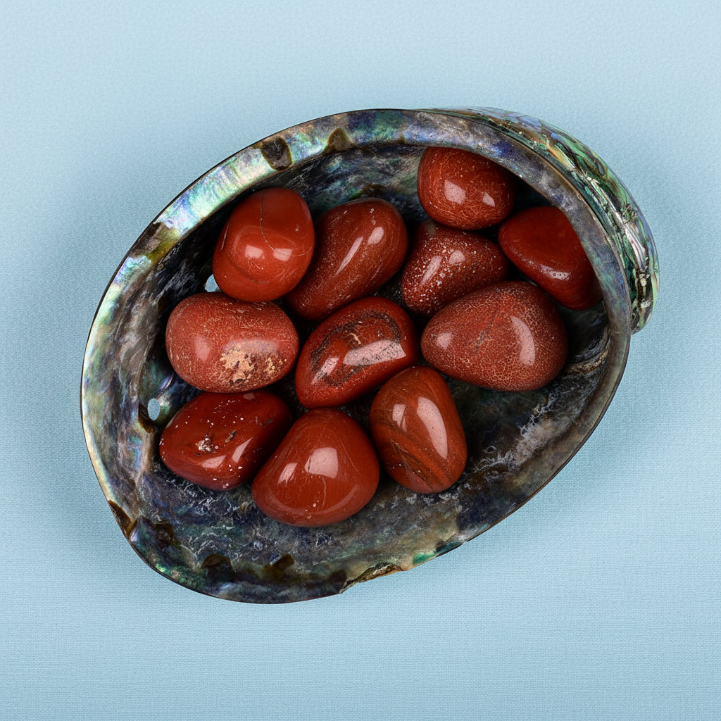 8 Directions Tumble Stone in Paua Shell-With Plate-Red Jasper (South)