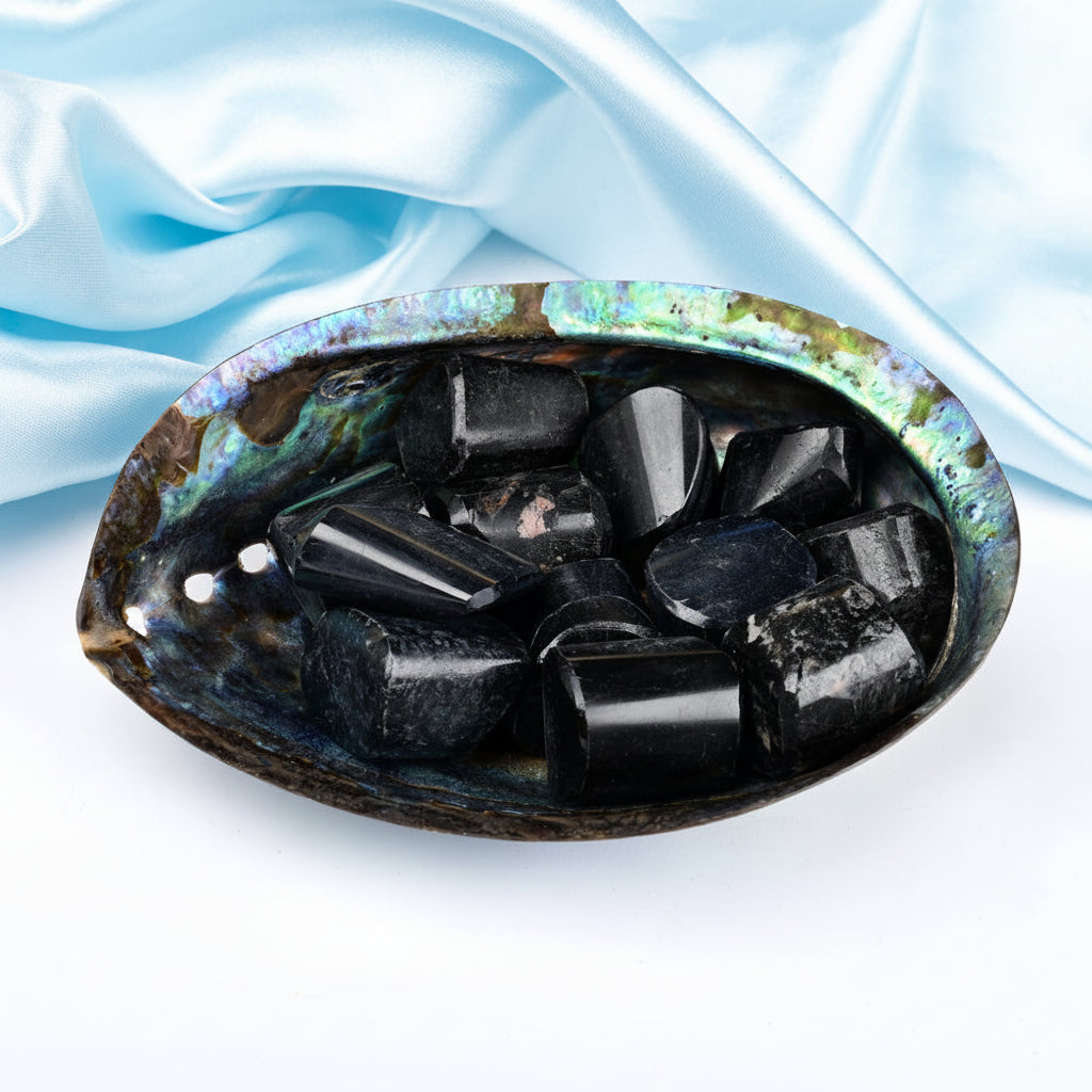 8 Directions Tumble Stone in Paua Shell-With Plate-Black Tourmaline (South West)