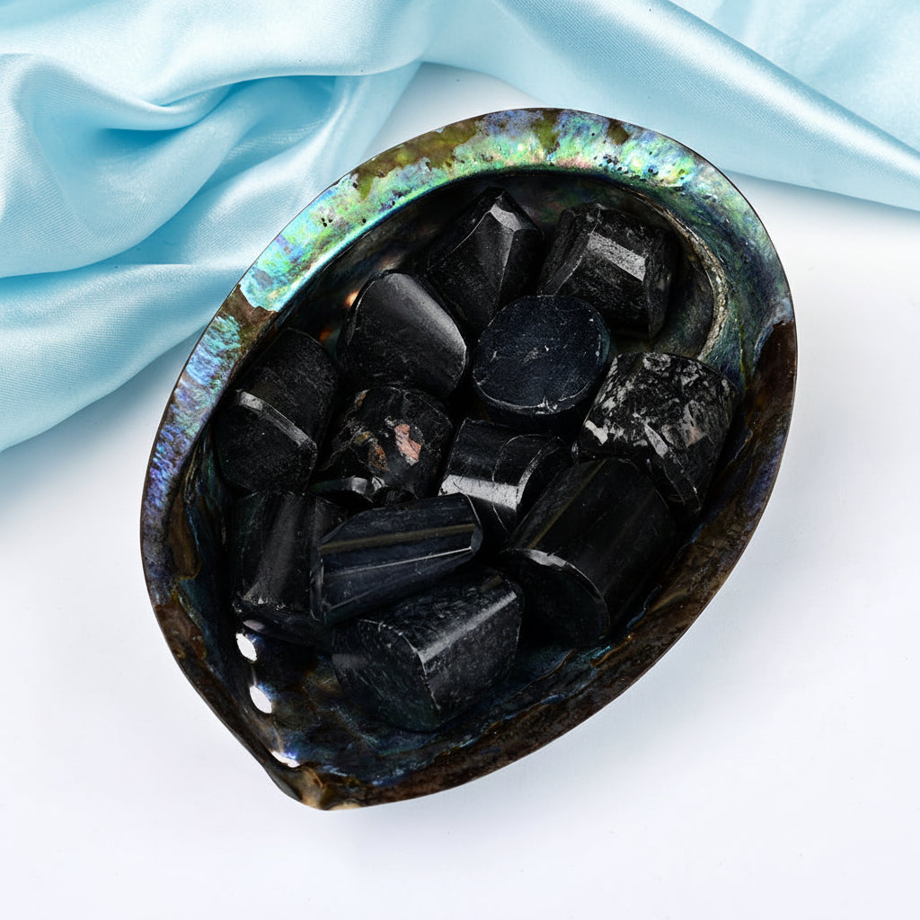 8 Directions Tumble Stone in Paua Shell-With Plate-Black Tourmaline (South West)
